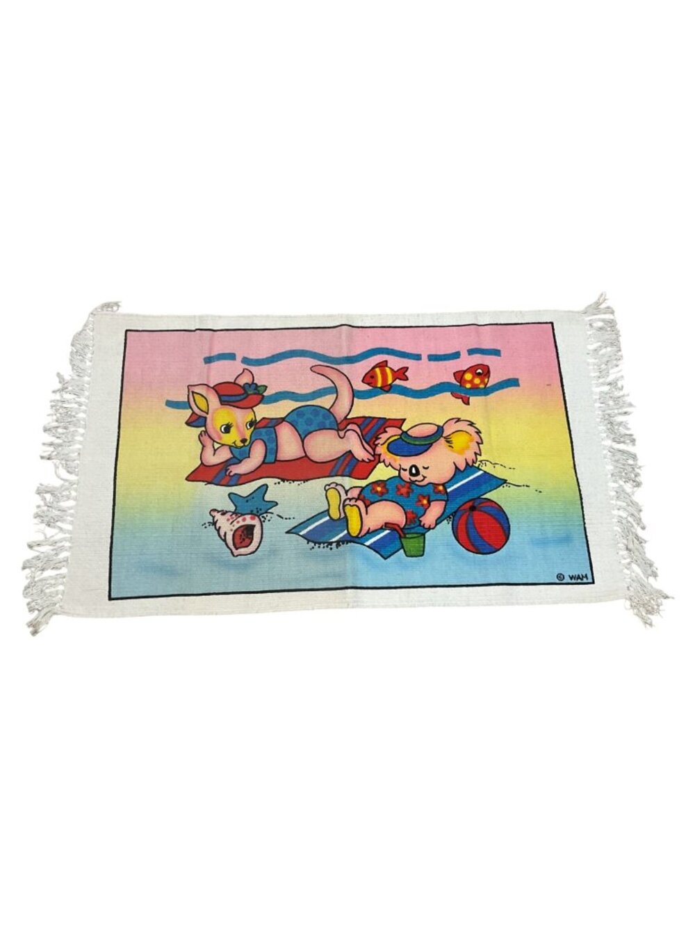 Australian Cartoon Kangaroo & Koala Beach Scene Cotton Rug Fringe100% Cotton